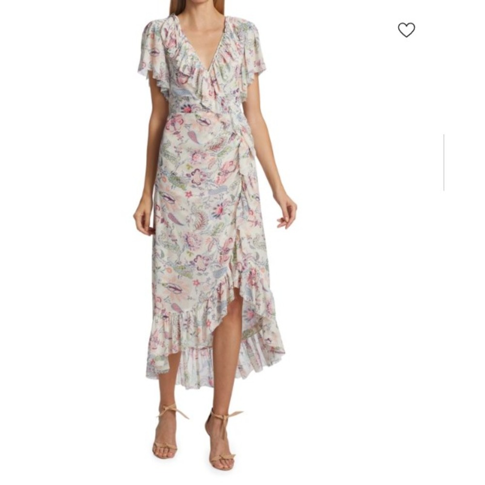 CINQ A SEPT Sheilla Floral Ruffle Midi Dress Women 4 Asymmetric High Low Flutter
